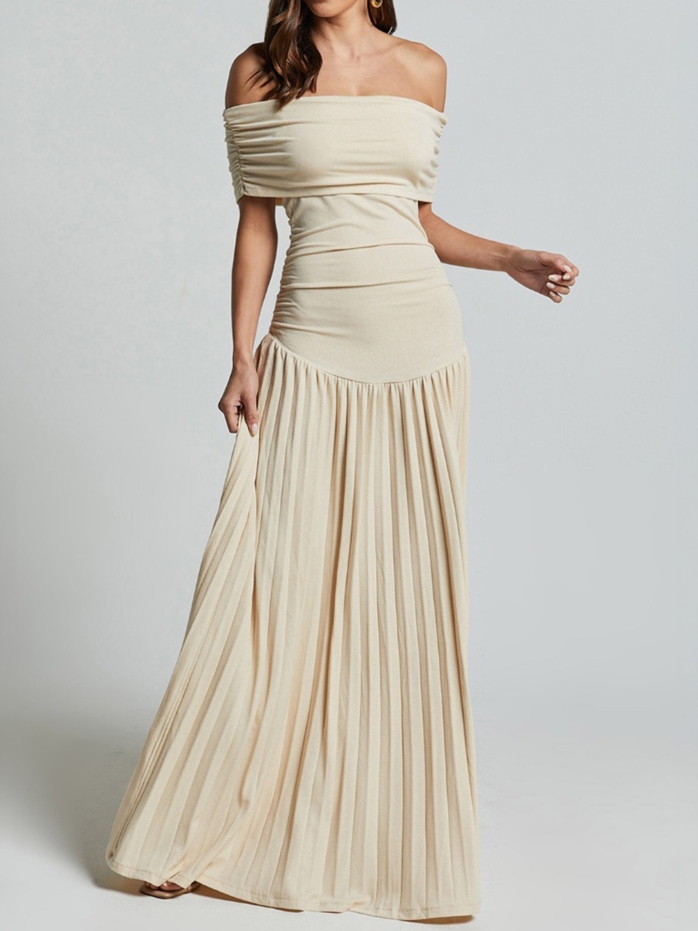Lioness Field of Dreams Off Shoulder Ruched Maxi Dress Oatmeal Small